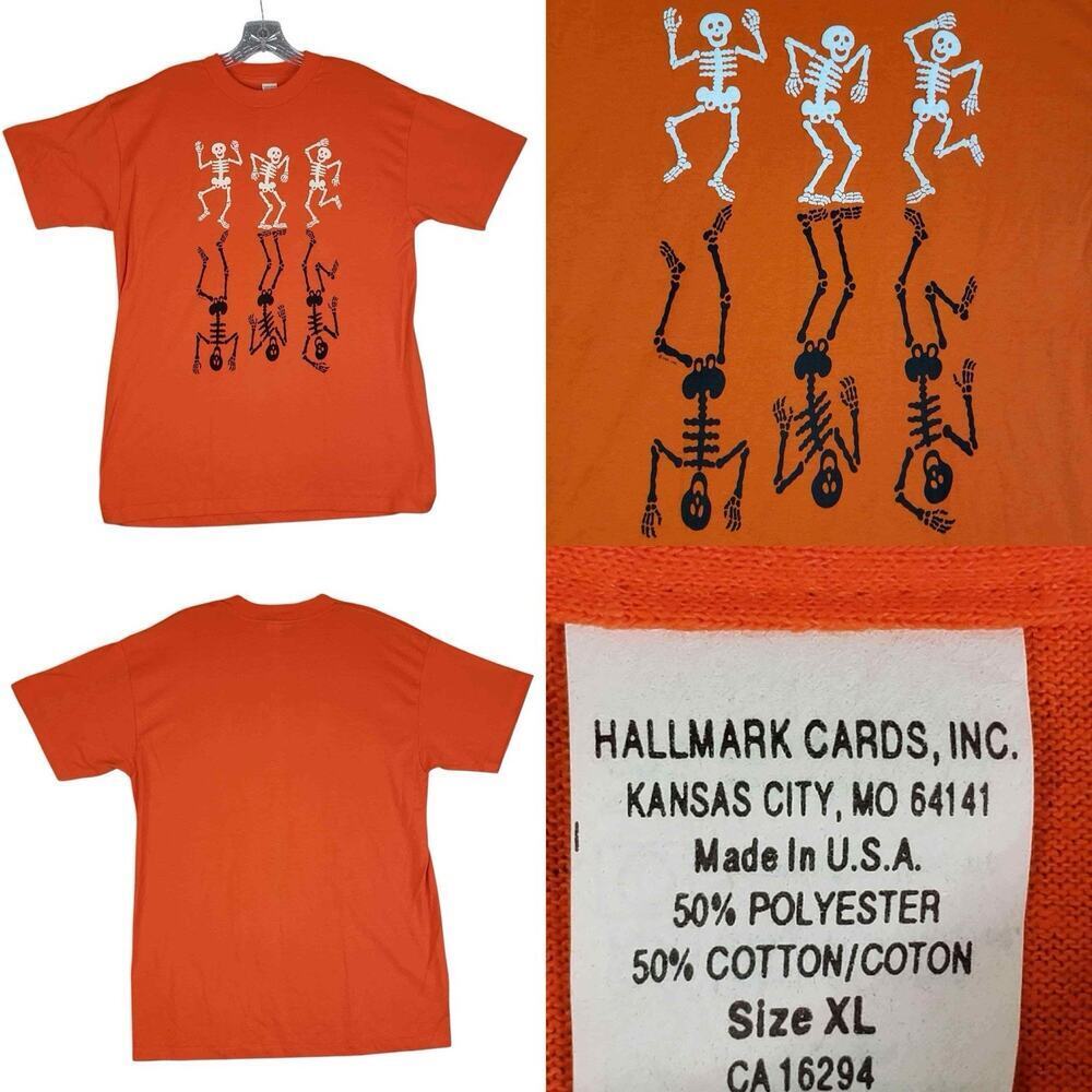 Vintage Tee Shirt Dancing Skeletons Single Stitch Size XL Halloween Orange
